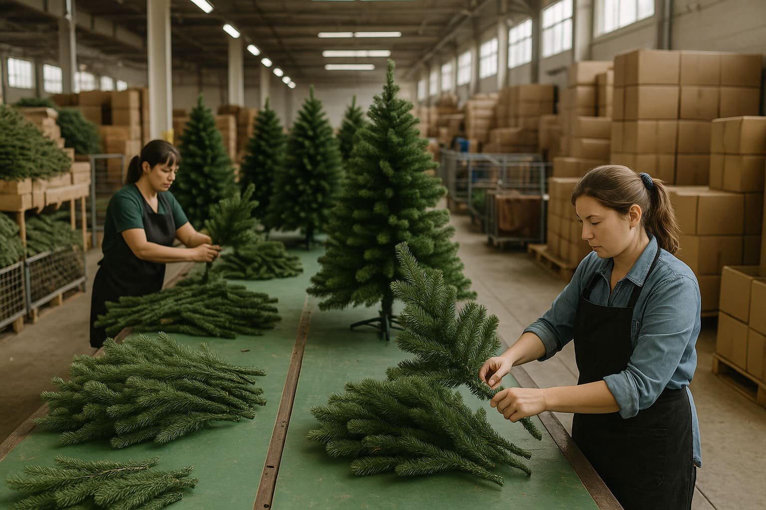 assembling artificial christmas tree branches in warehouse for export