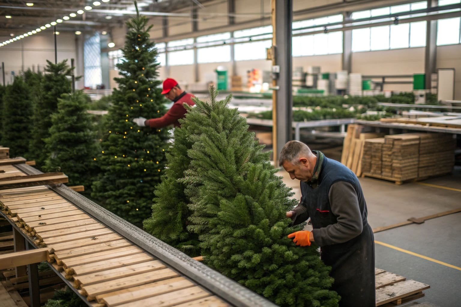artificial christmas trees being assembled on factory production line