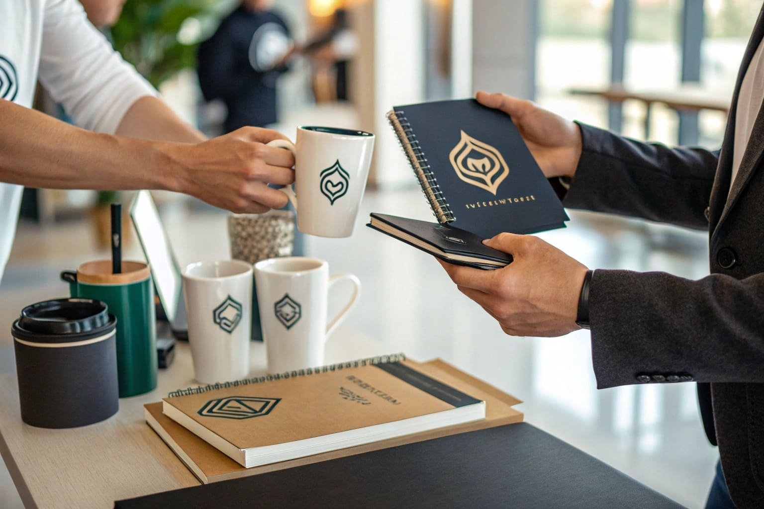 branded mugs and notebooks at corporate trade show booth