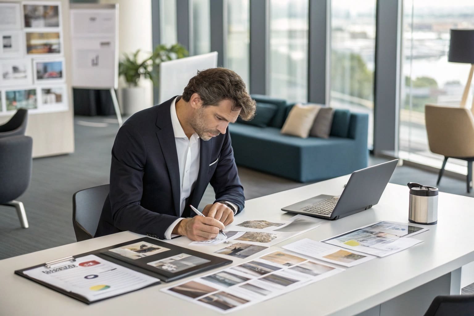businessman reviewing marketing materials at office desk