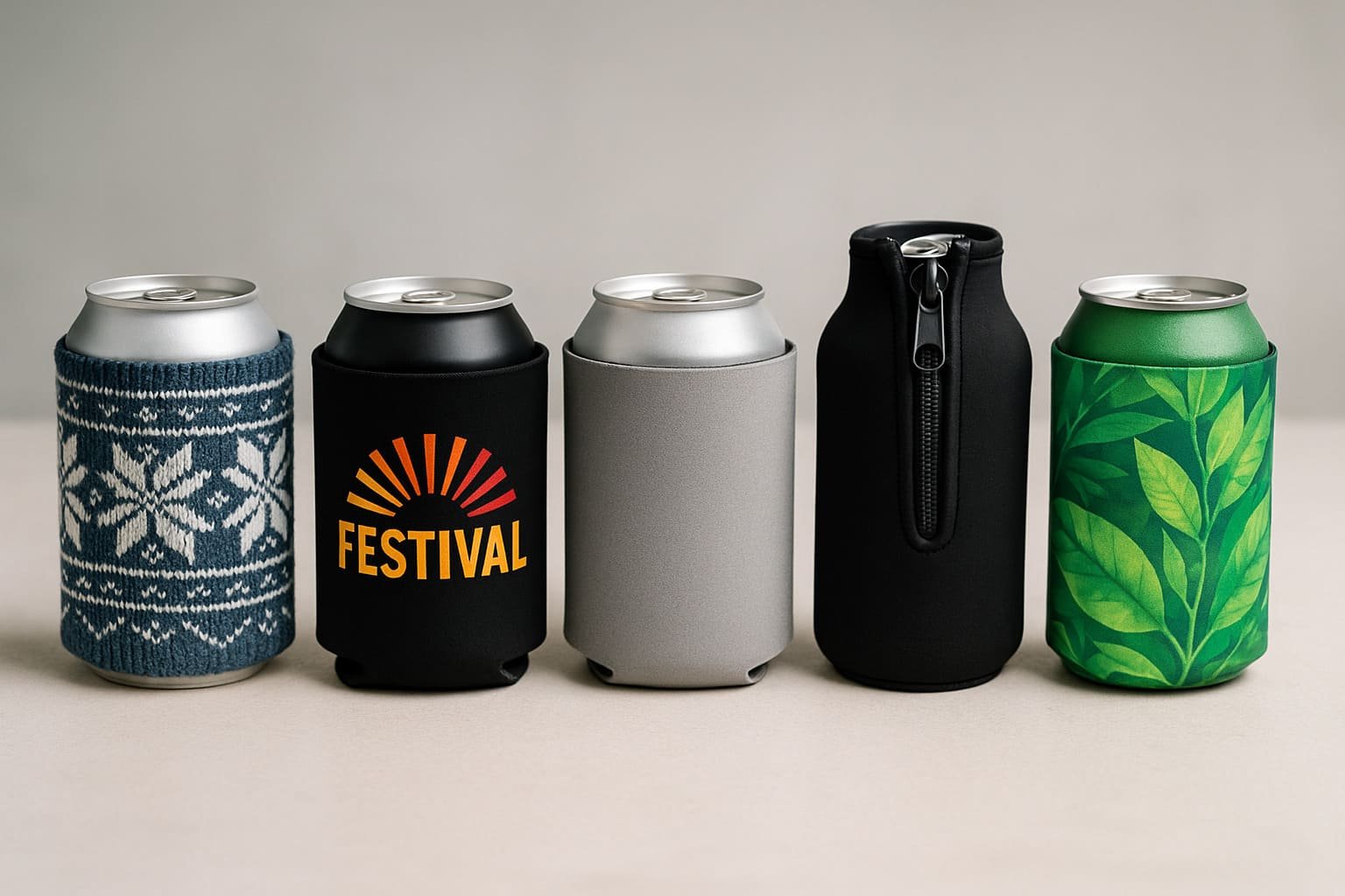 five custom can cooler styles including knit festival zippered and leafy designs