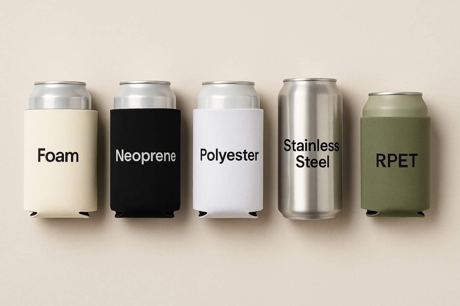 five can coolers labeled foam neoprene polyester stainless steel and rpet on beige background