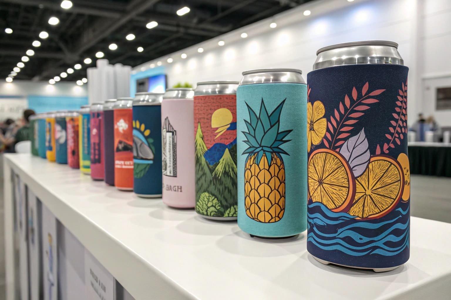 colorful custom printed can coolers displayed in a row