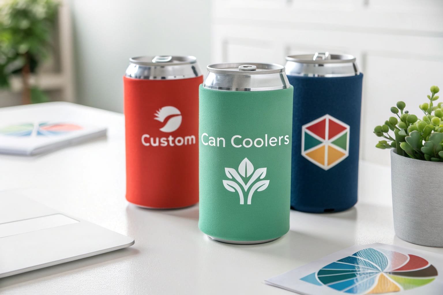 custom promotional neoprene can coolers in red green and blue on white desk