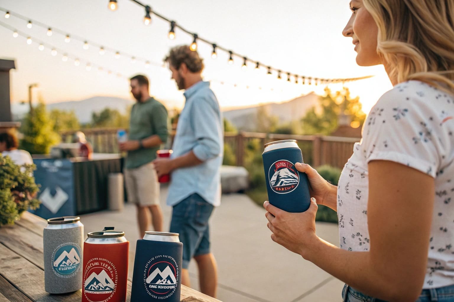 woman holding branded can cooler at outdoor gathering with string lights