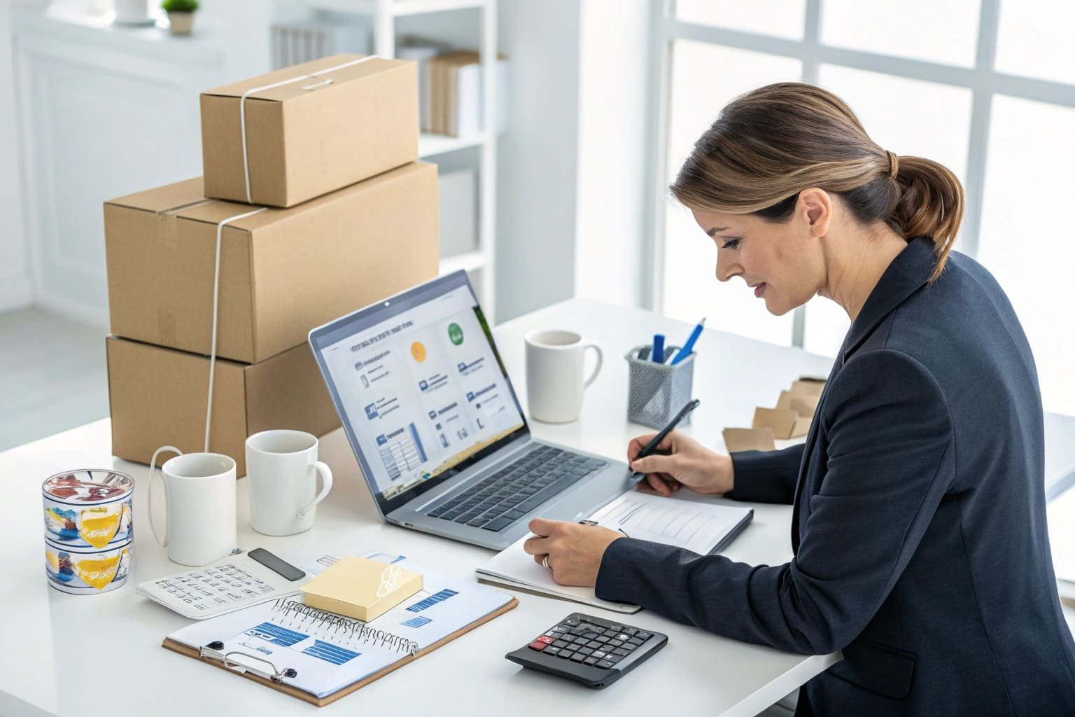 businesswoman managing online wholesale orders at desk