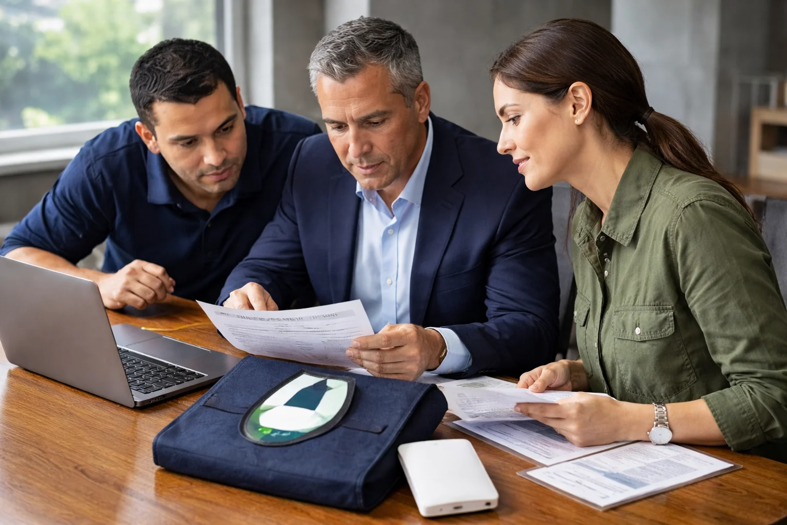 Branded conference document bag Branded conference document bag on table during wholesale corporate buyers contract review meeting