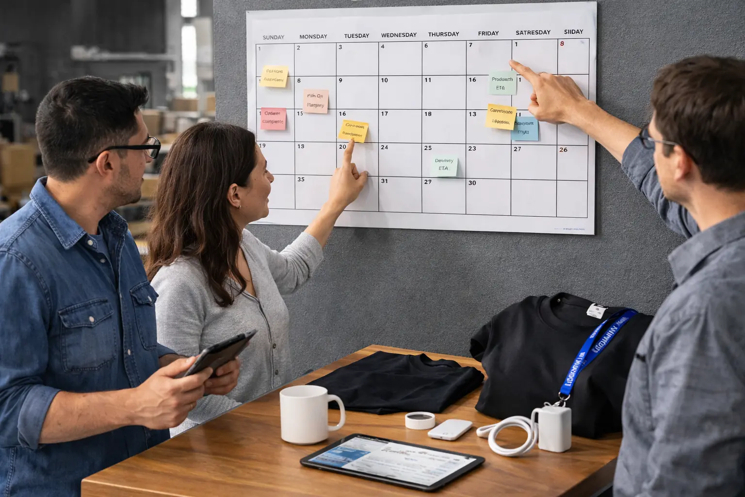 Custom lanyards wholesale Custom branded lanyards and T-shirts on desk during wholesale event merch planning