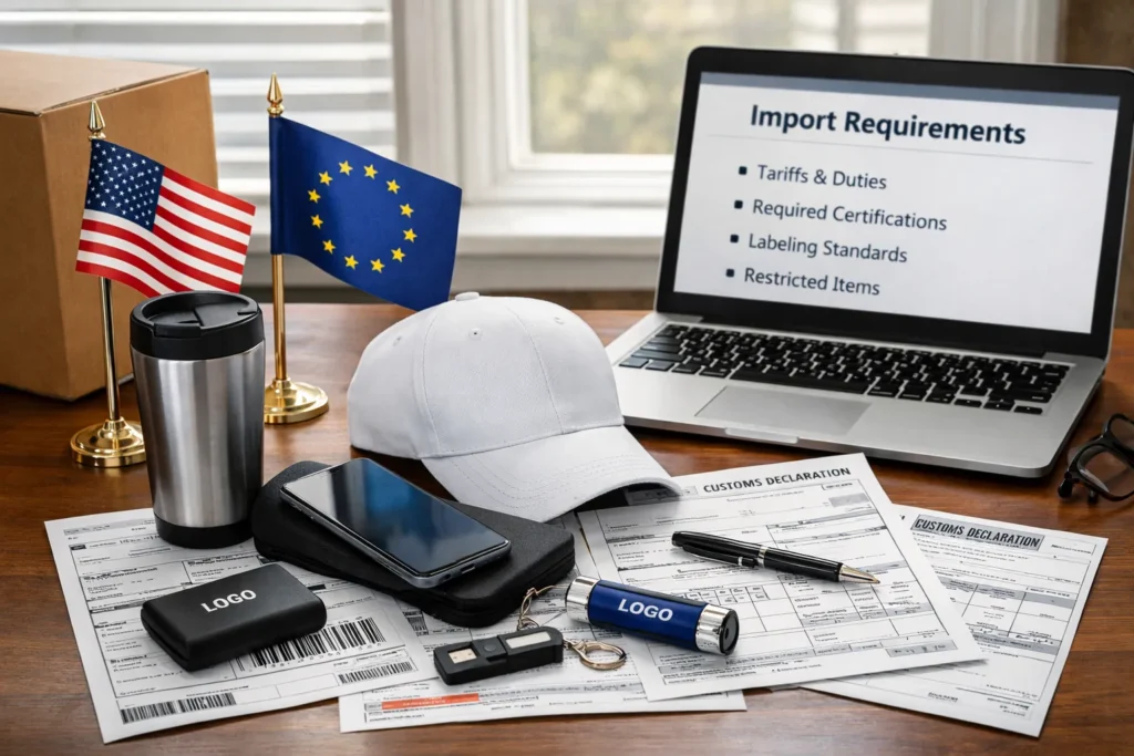 Branded promotional cap, tumbler, USB on customs documents for wholesale importers