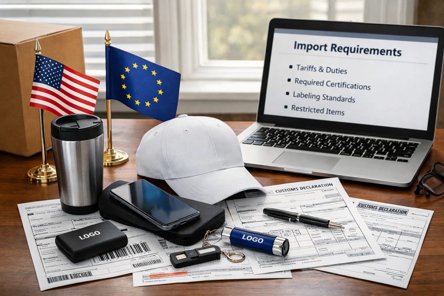 Branded promotional cap, tumbler, USB on customs documents for wholesale importers