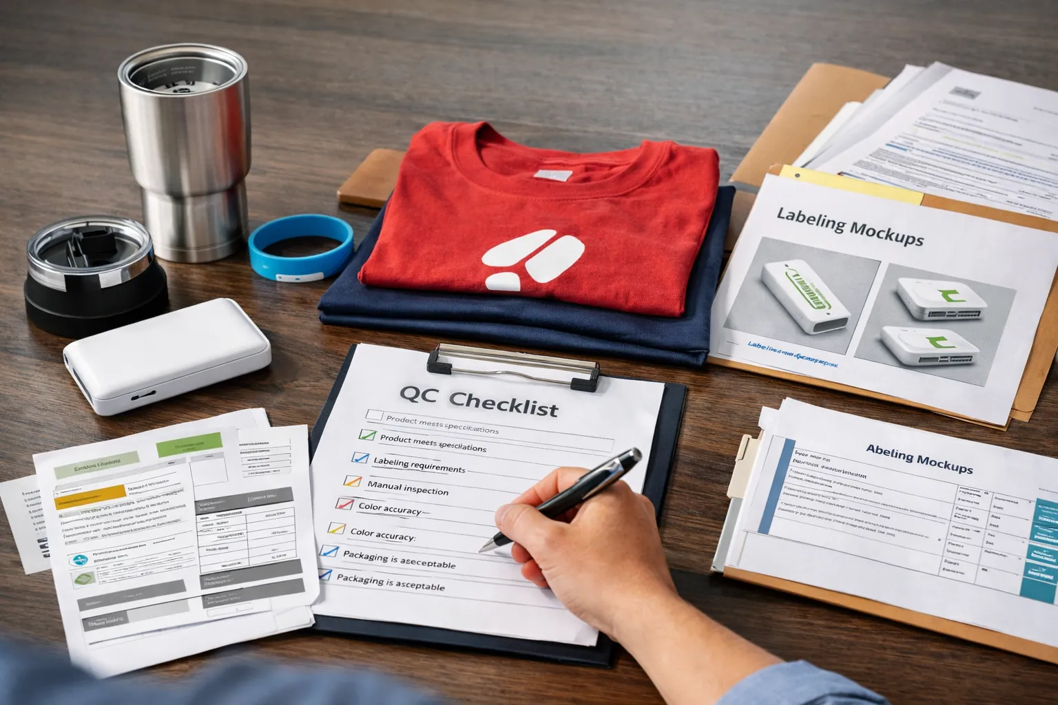 Branded promotional T-shirt set Branded promo T-shirt and tumbler set on QC desk for wholesale corporate buyers